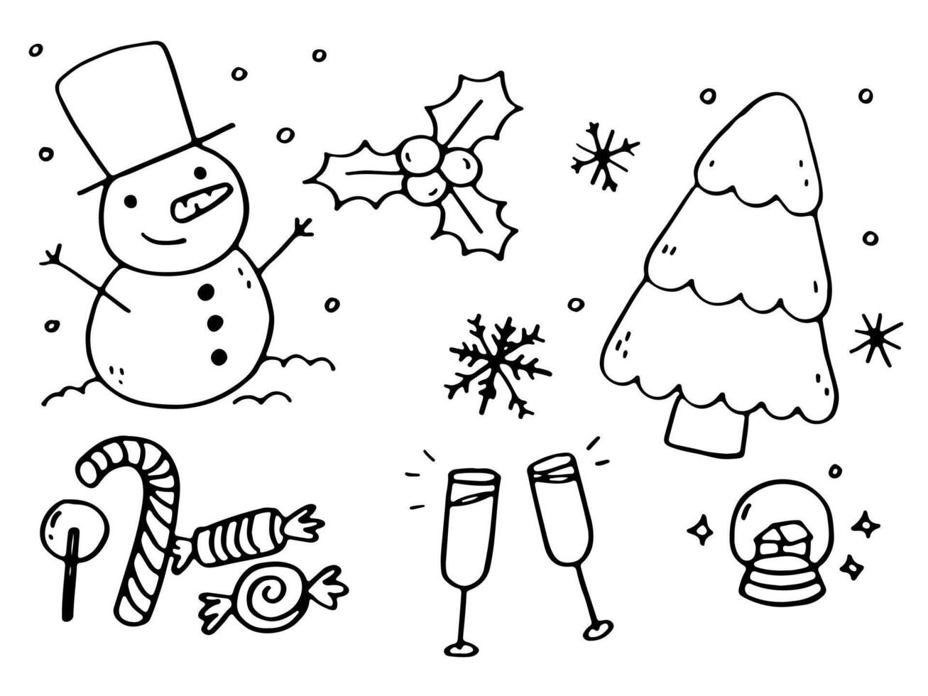 winter doodles snowman pine candys vector