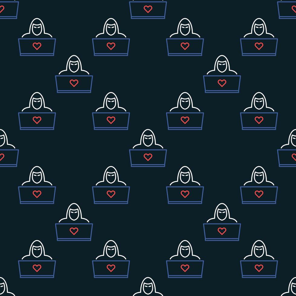 Hacker with Laptop outline seamless pattern vector