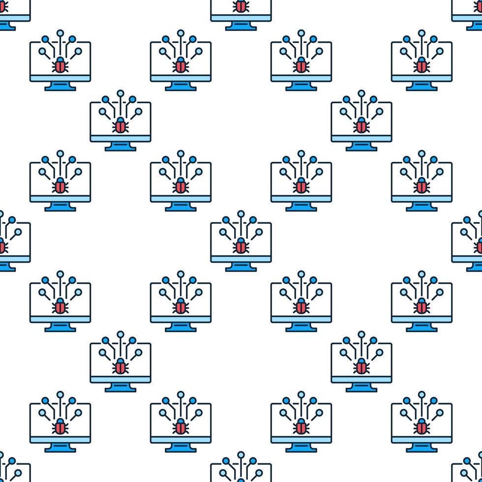 Computer Virus on PC screen colored seamless pattern vector