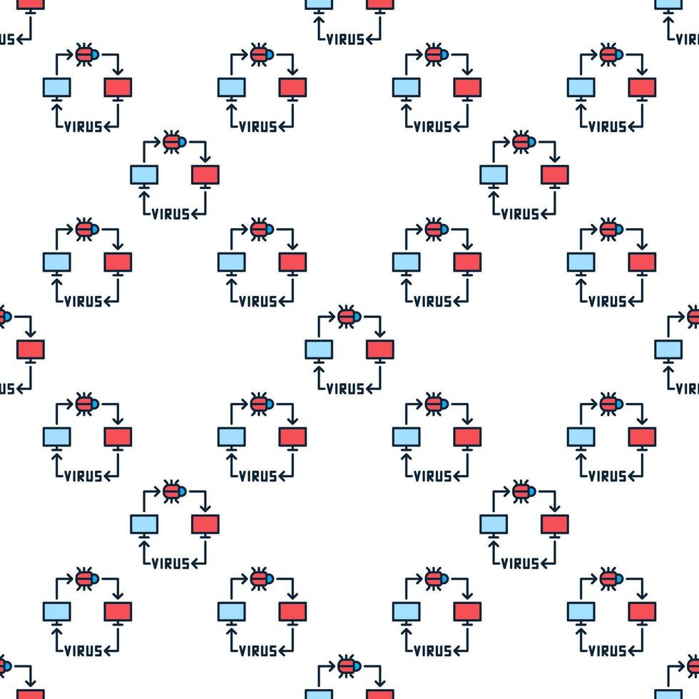 Computers connected with Viruses and bugs colored seamless pattern vector