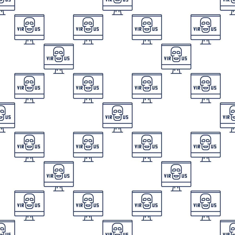 Computer with Virus Skull on PC Screen seamless pattern in thin line style vector