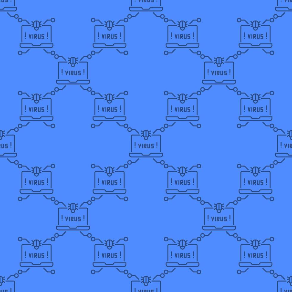 Laptop with Virus on Screen Computer Virus seamless pattern in thin line style vector