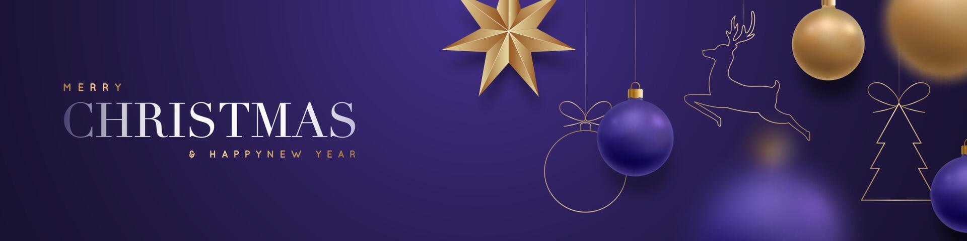 Christmas luxury banner design with hanging golden and dark purple balls, star, deer, xmas tree. vector