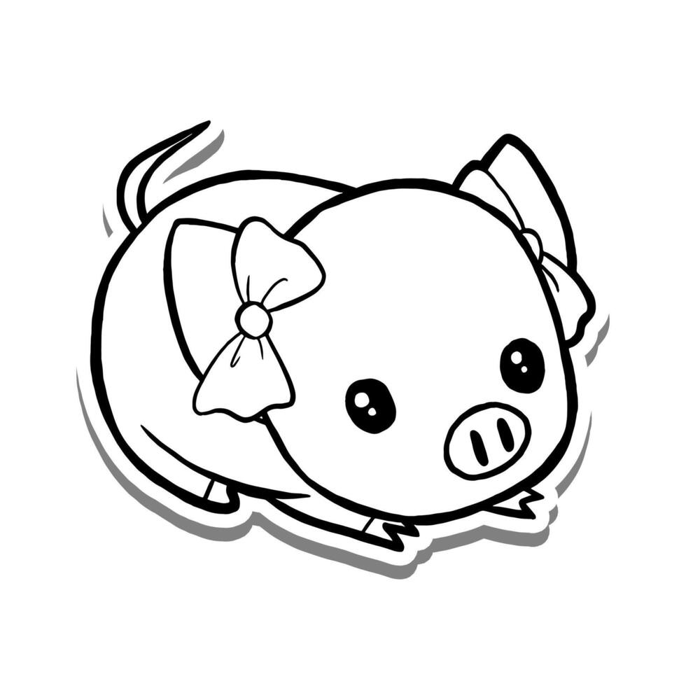 Black line Little Pig Girl with Bow on white silhouette and gray shadow. Hand drawn cartoon style. illustration for decorate and any design. vector