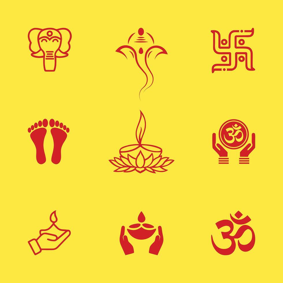 Diwali Indian Festival Icon Symbol Set With Hindu god lamp elephant Feet and Hands Icons vector