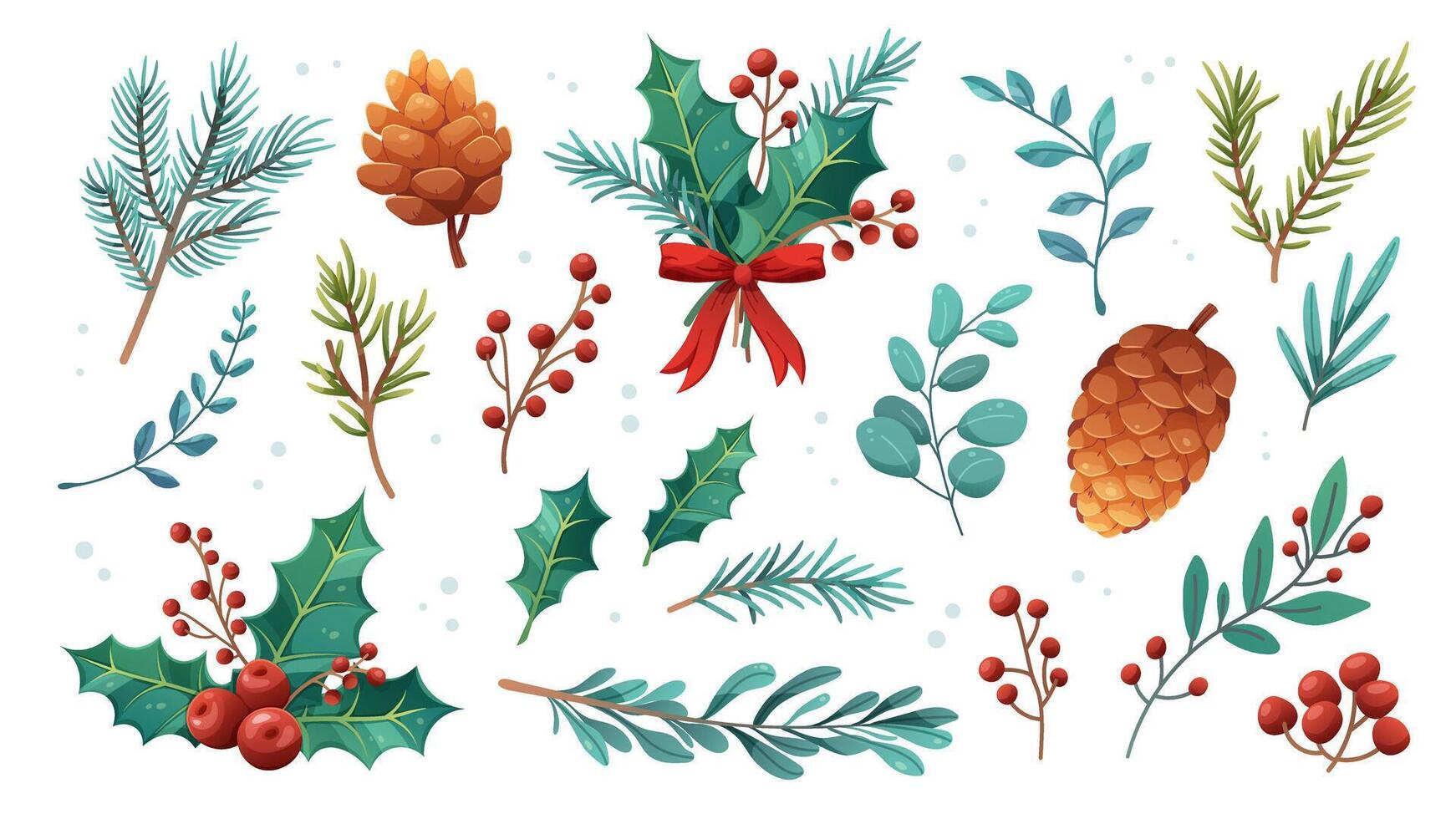 Botanical winter plants set. Christmas flowers, holly, berries, spruce and pine branches. elements vector