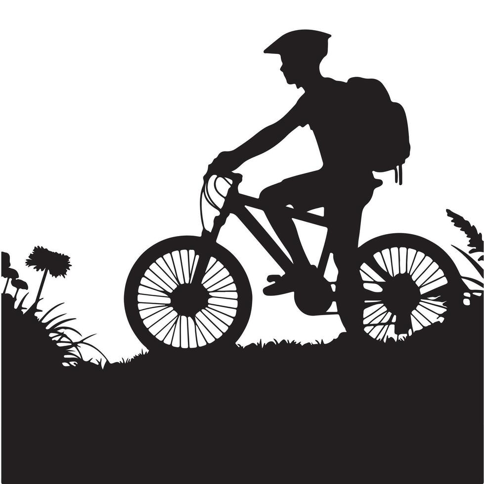 Silhouette of a bicycle with its rider standing beside it on a white background vector