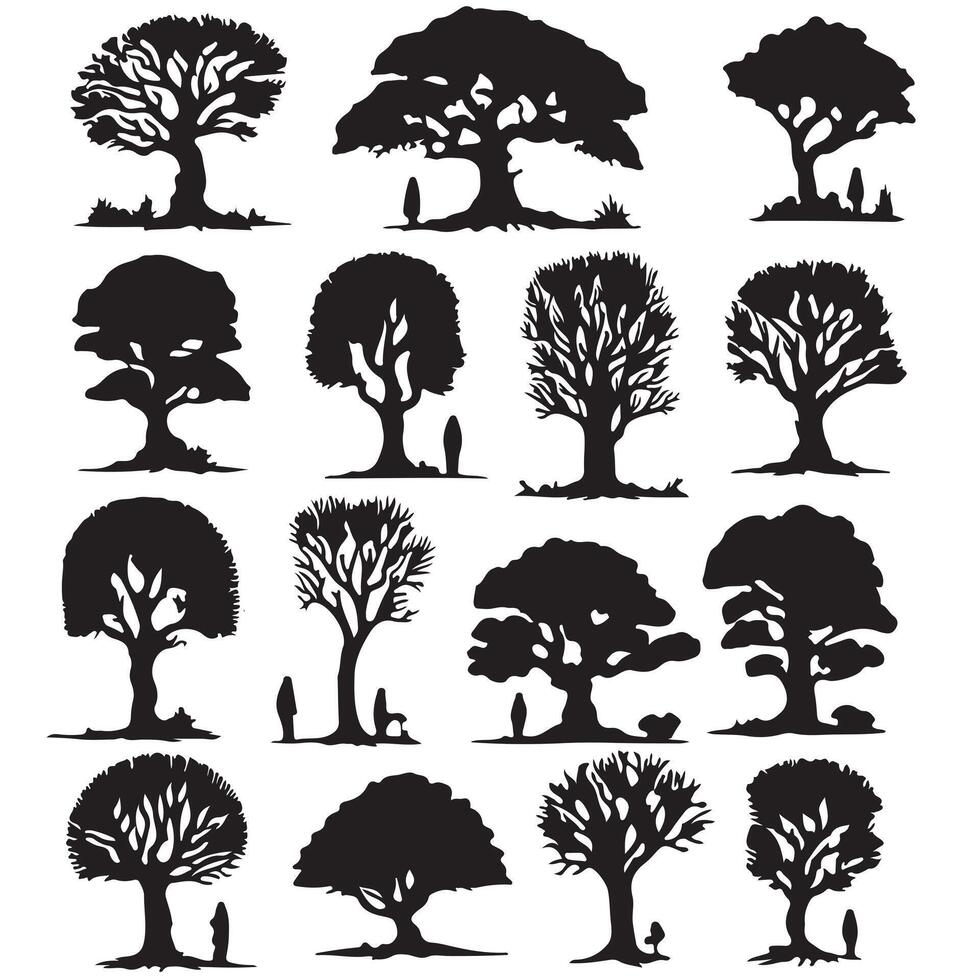 various deciduous trees silhouettes on the white background vector