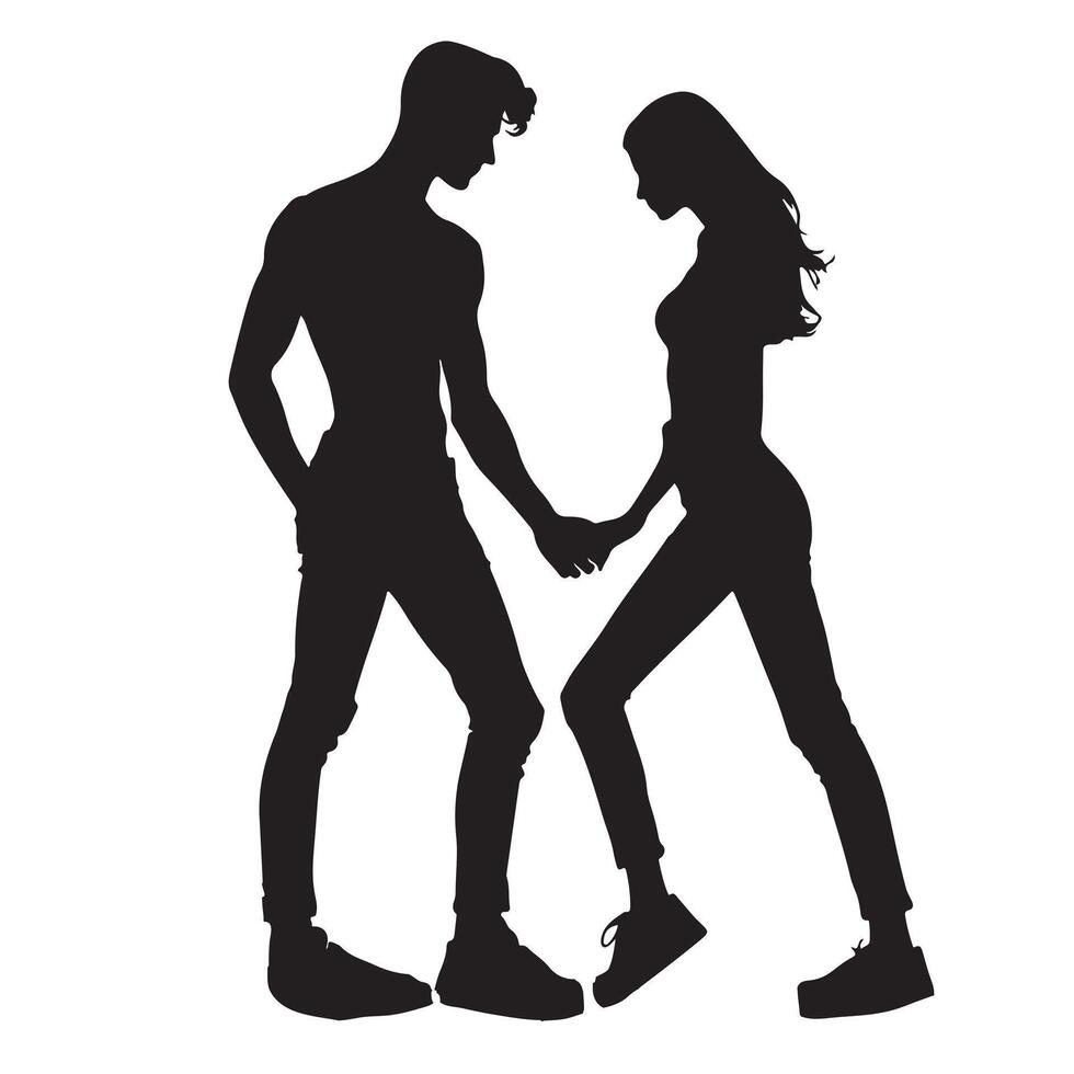 Silhouette of a couple holding hands and leaning toward each other on a white background vector