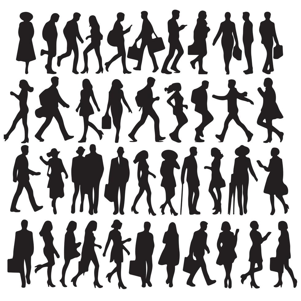 Silhouettes of people in various dynamic and walking set with white background vector