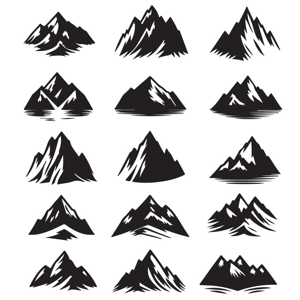 Set Mountain icons, Collection different types of Mountains Black with white background vector