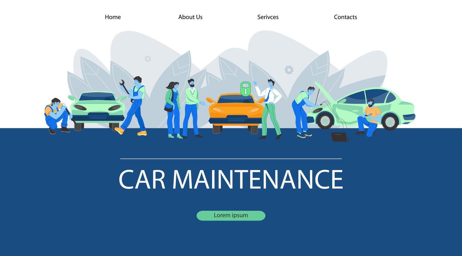 Car maintenance and repair shop web banner design. Landing page interface template for car services with cartoon characters of garage workers and auto owners. vector