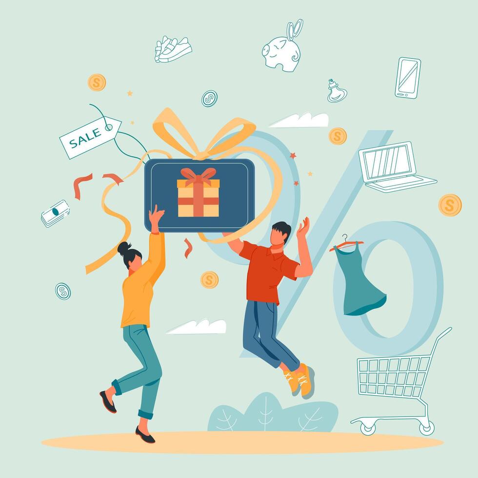 Gift card promotion strategy concept with people happy to win gift voucher or get discount certificate. Sale coupon or cumulative discount card program for customers. vector