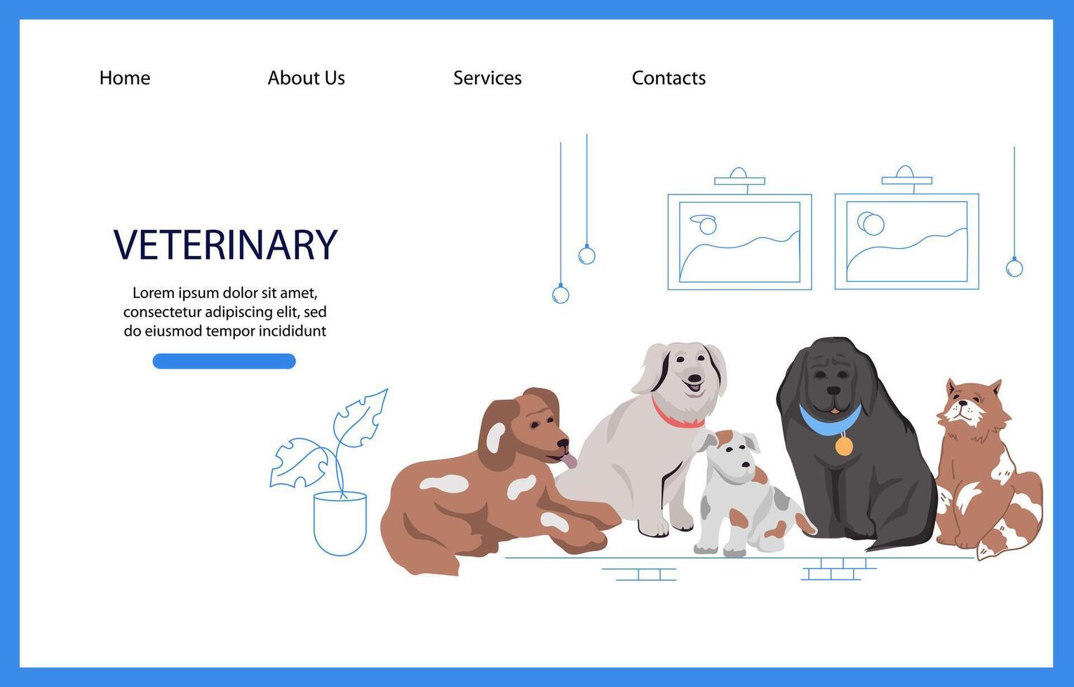 Veterinary clinic website page template banner with dog and cat cartoon characters. Concept of pets care services and zooshop, veterinary and animal store. vector