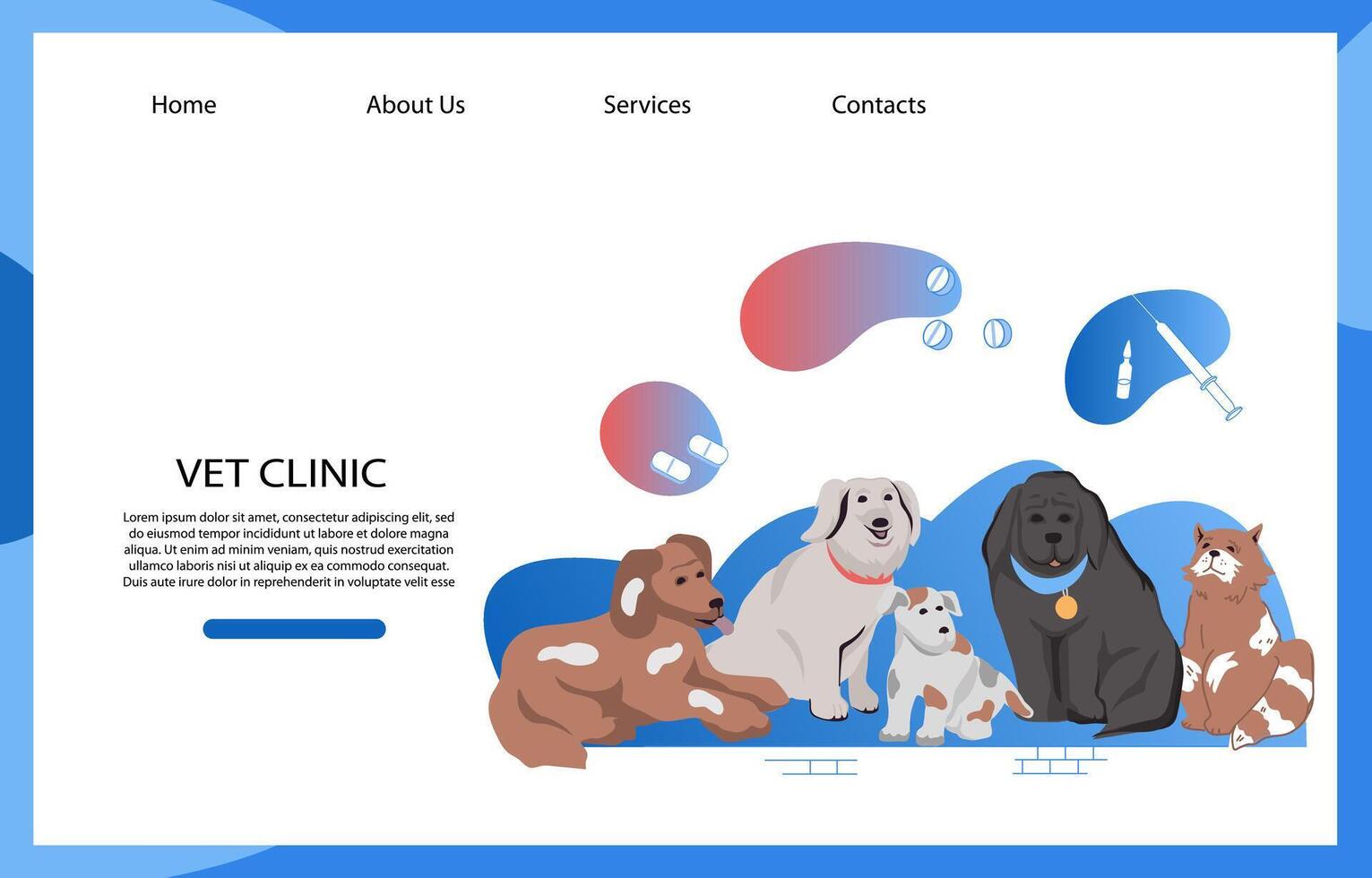 Veterinary clinic or pet shop website background template with cat and dogs characters. Pets medical care and veterinary treatment banner for landing page or web app. vector