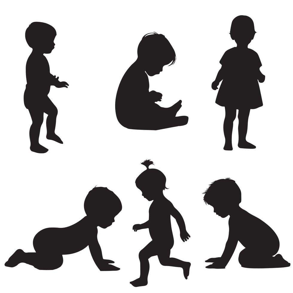 baby and toddler silhouette isolated on white background. Sitting, crawling and standing silhouette on a white background vector