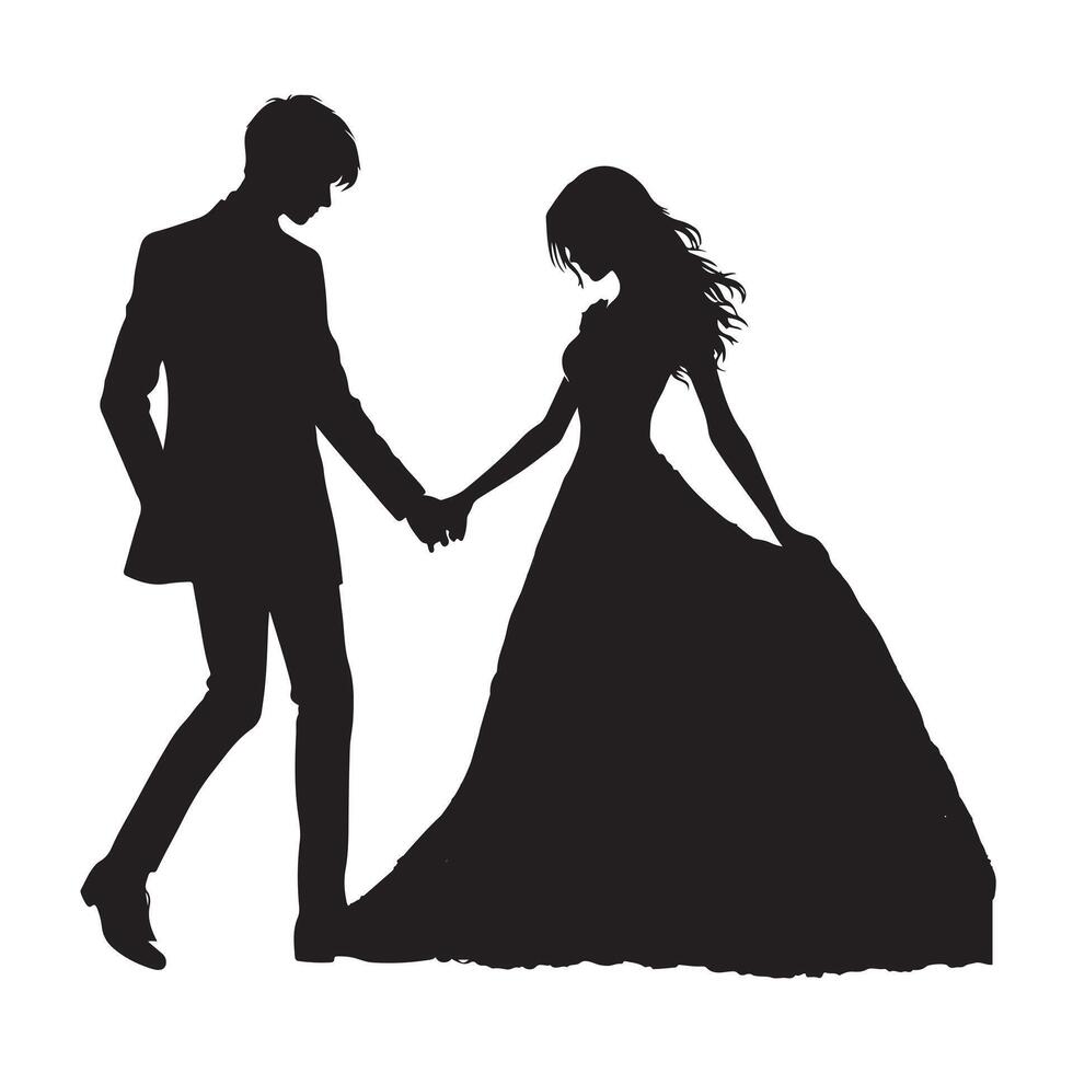 black Silhouette of a couple holding hands with white background vector