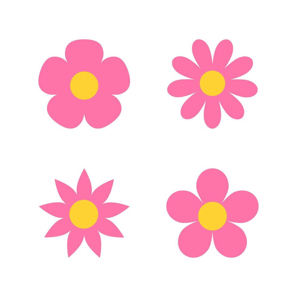 Pink flowers cute decorative icon set vector