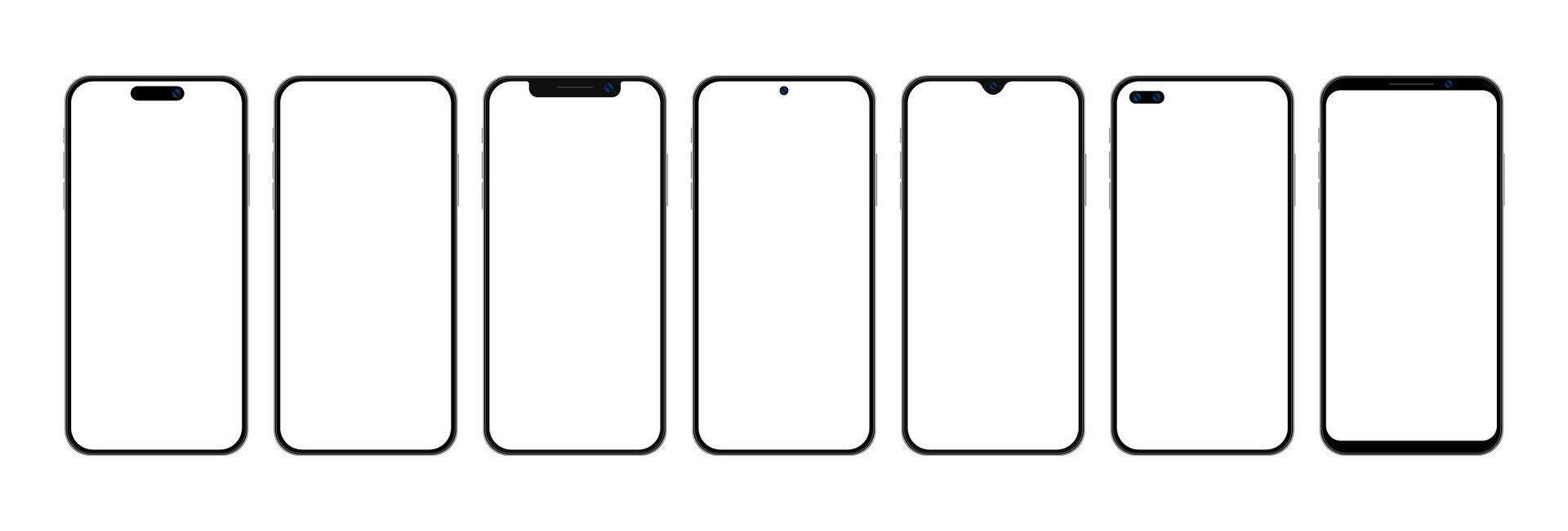 Realistic smartphone mockup template set with buttons. Modern mobile phone devices with blank screen for user interface design illustration vector
