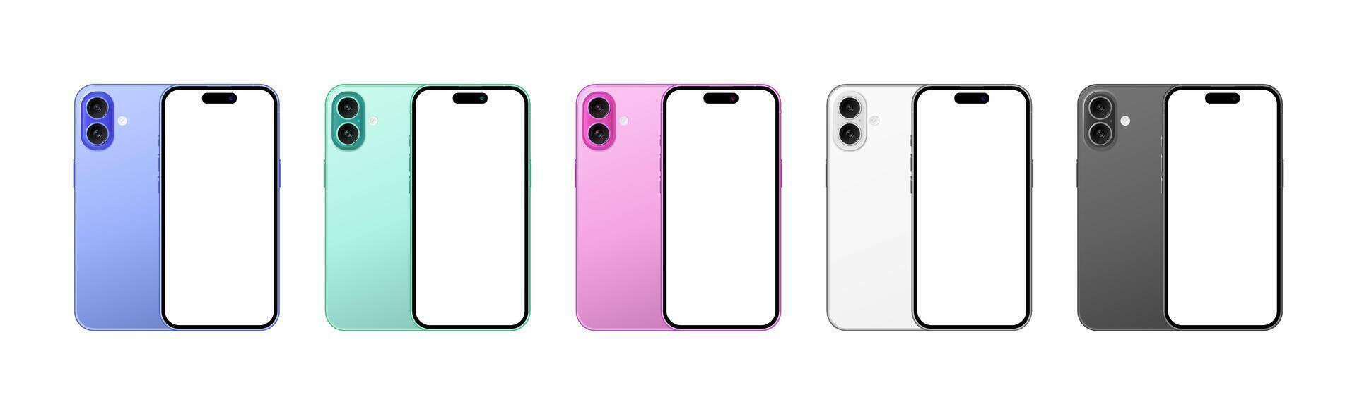 Colorful smartphone device front back mockup template set. Modern mobile phones with blank screen for social media presentation vector
