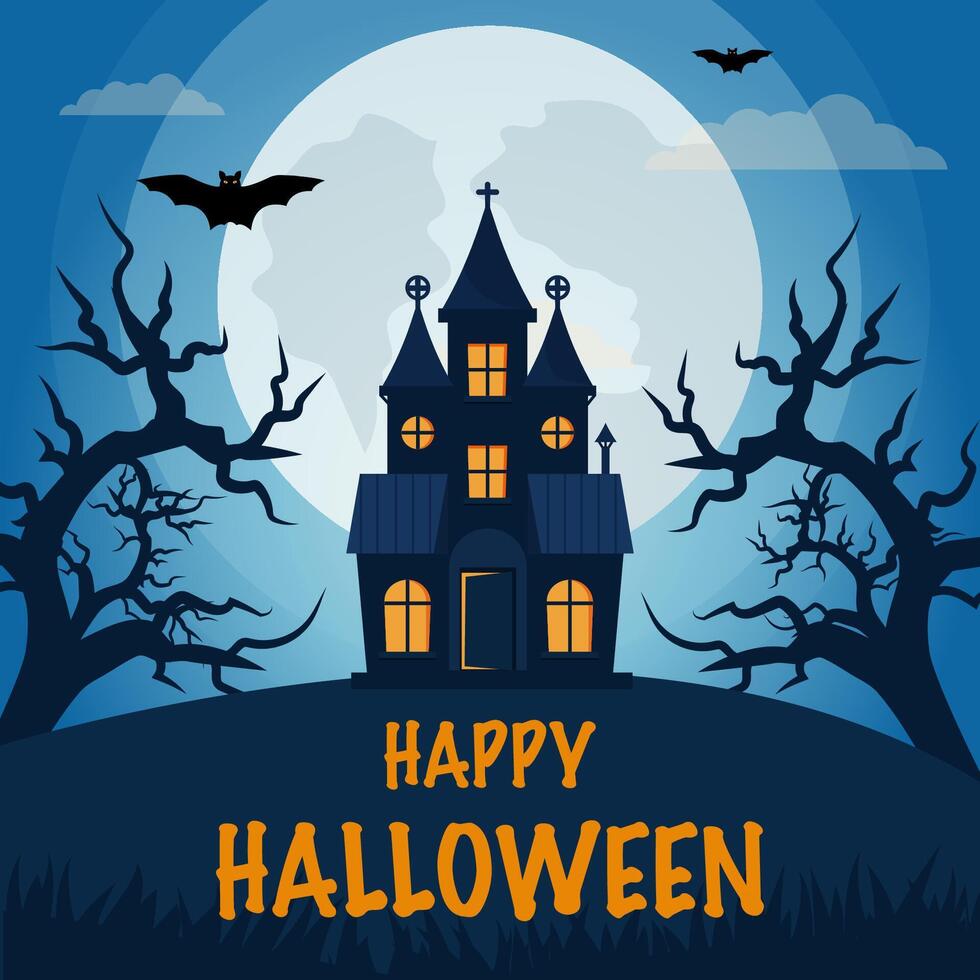 Halloween background with haunted house, full moon.Happy Halloween. vector