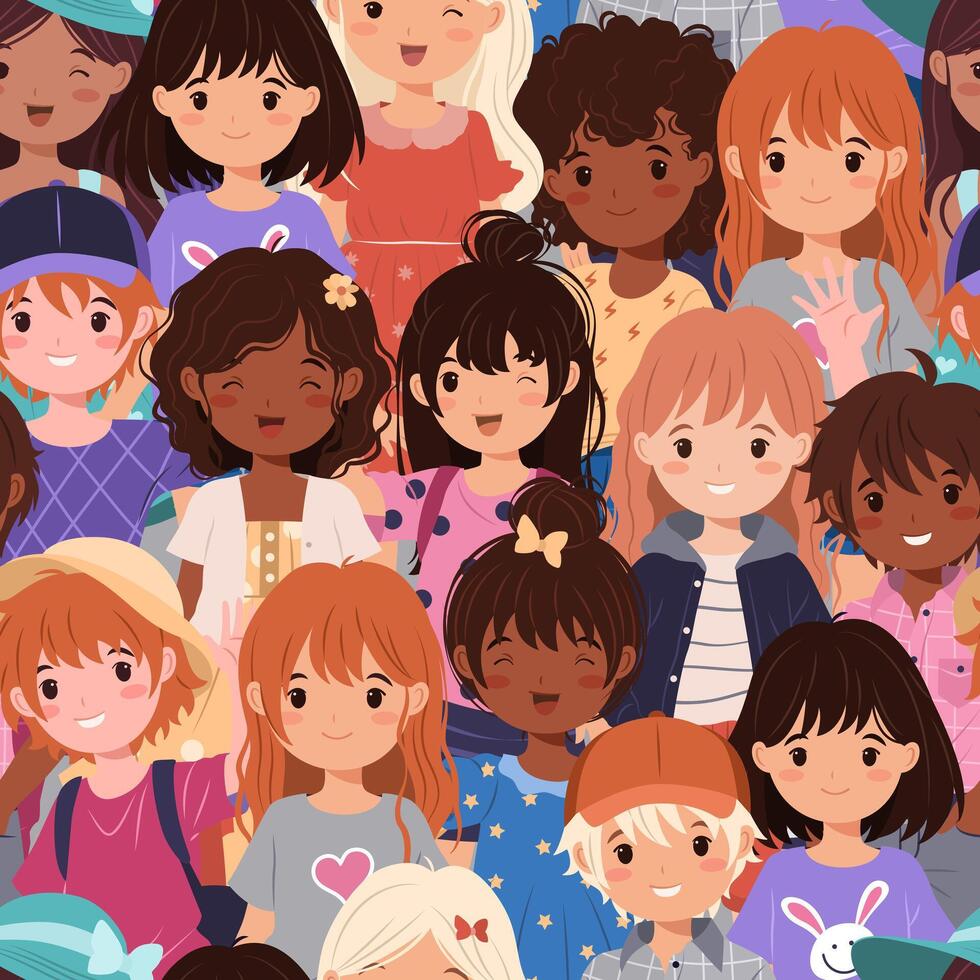Seamless pattern with funny, smiling preschool boys and girls in a flat style. Children of various nationalities, with different hair, skin colors, and diverse outfits. Pattern of a crowd of kids. vector