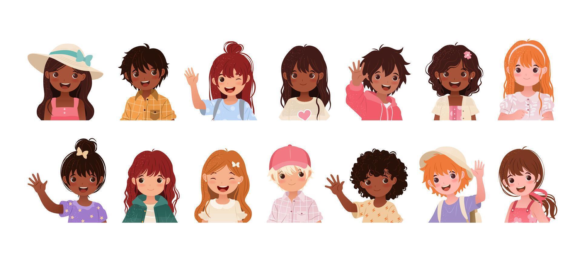 Cute Children Head Portrait Set. Funny boys and girls avatars in casual clothes. Preschool and school child characters of different nationalities. Isolated cartoon illustrations on white. vector