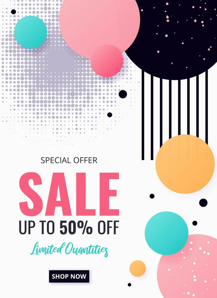 Vertical Sale banner with geometric shapes, lines, dots. Background in Memphis style for promotion, social media post, advertising, Summer Sale, Black Friday. template. vector