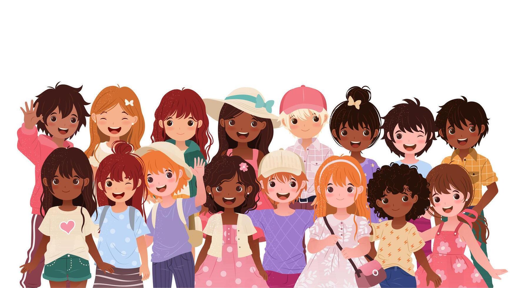 Horizontal Banner with Group of Multiracial Kids in various casual clothes. Funny boys and girls standing together. illustrations on White Background for Back to School and Educational Designs. vector