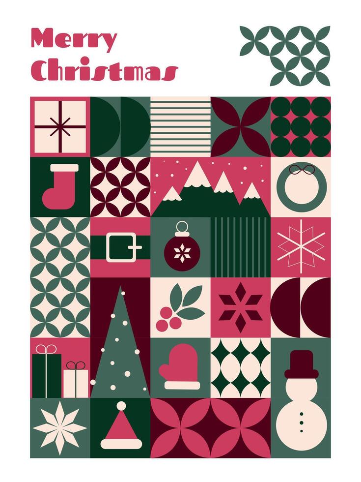 Geometric pattern featuring mosaic Christmas elements, designed for a New Year and Christmas greeting card or banner, combining modern aesthetics with festive cheer. vector