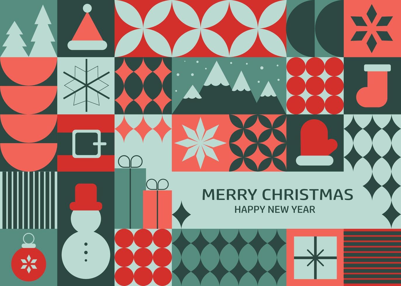 Christmas greeting card featuring festive symbols on a geometric background with simple shapes, blending creative and modern art elements. vector