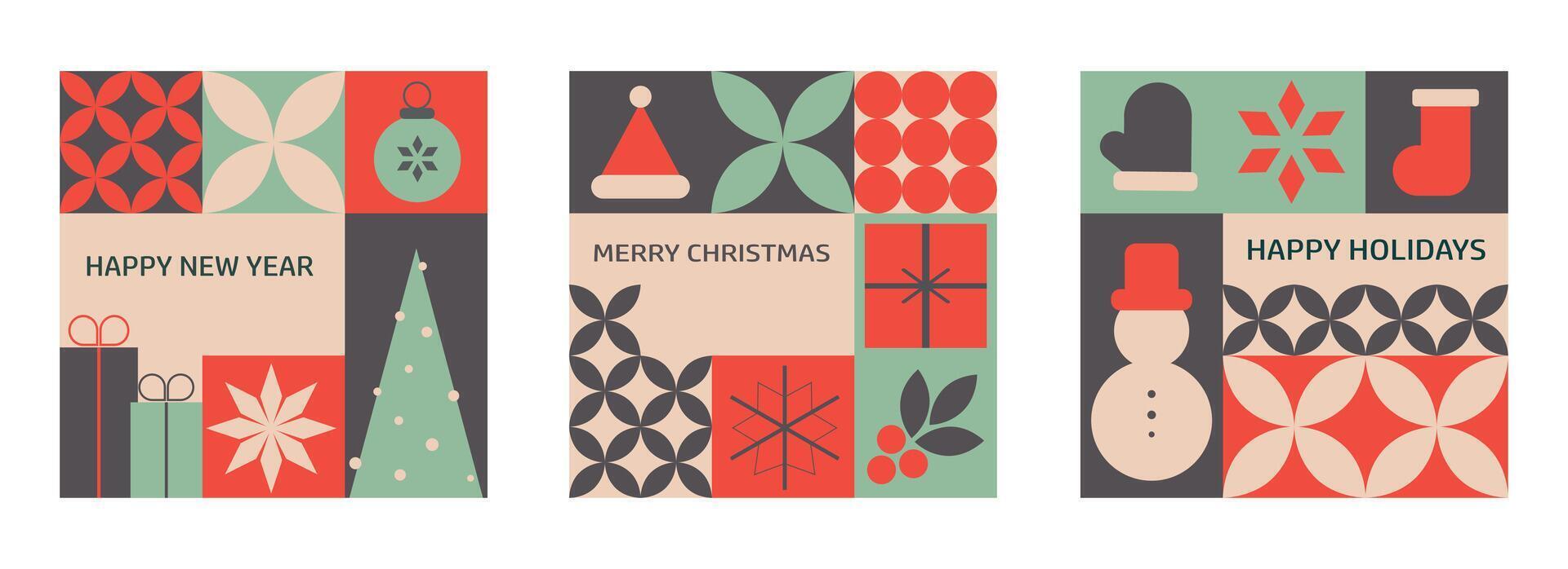 Set of geometric banners featuring Christmas and mosaic elements, designed for greeting cards celebrating New Year and Christmas with a modern and festive touch. vector