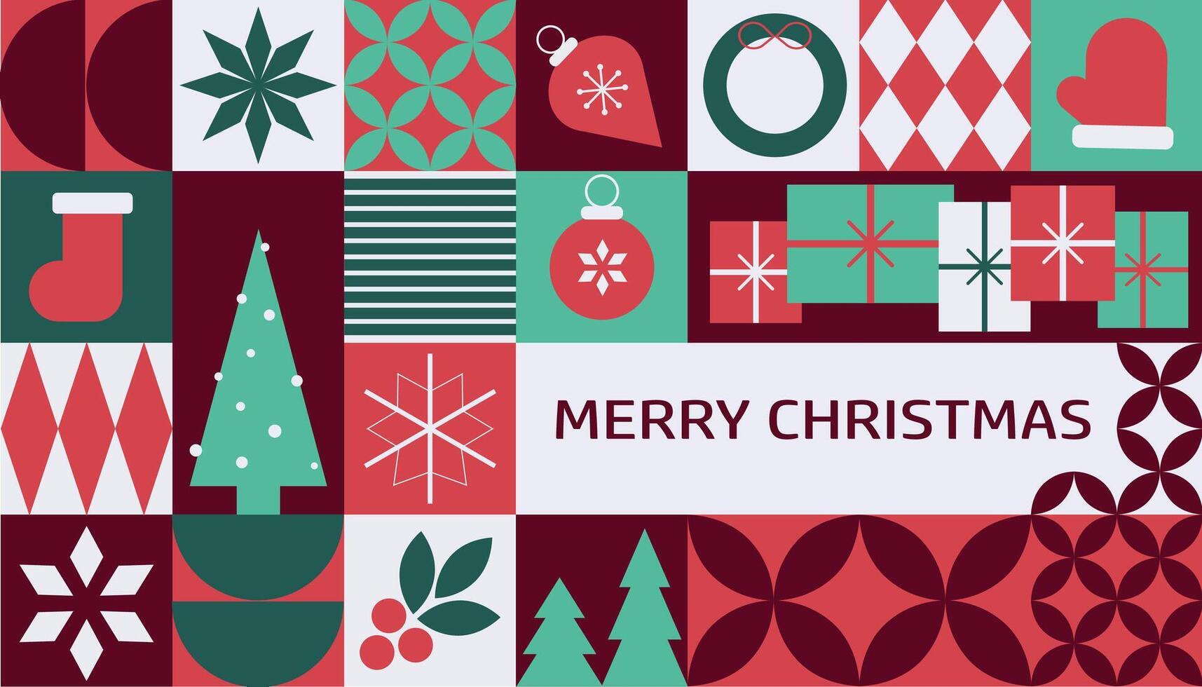 Christmas greeting card featuring festive symbols on a geometric background with simple shapes, combining creative modern art and holiday spirit. vector