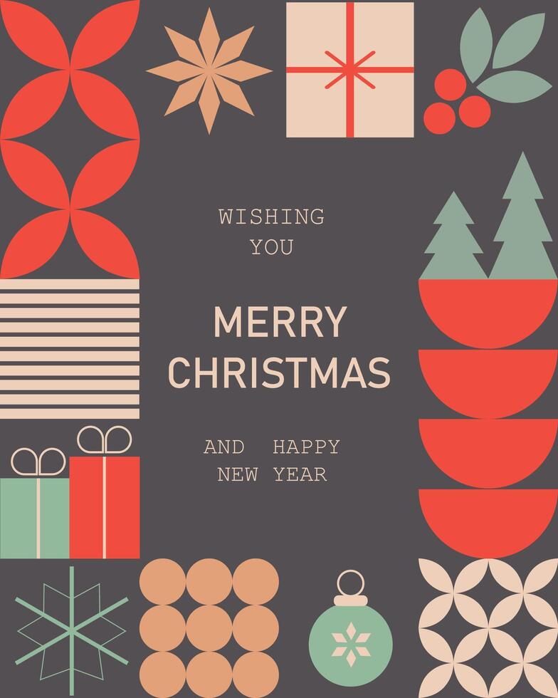 Geometric Christmas pattern featuring symbols of Christmas and New Year in a mosaic style, ideal for a festive greeting card design. vector