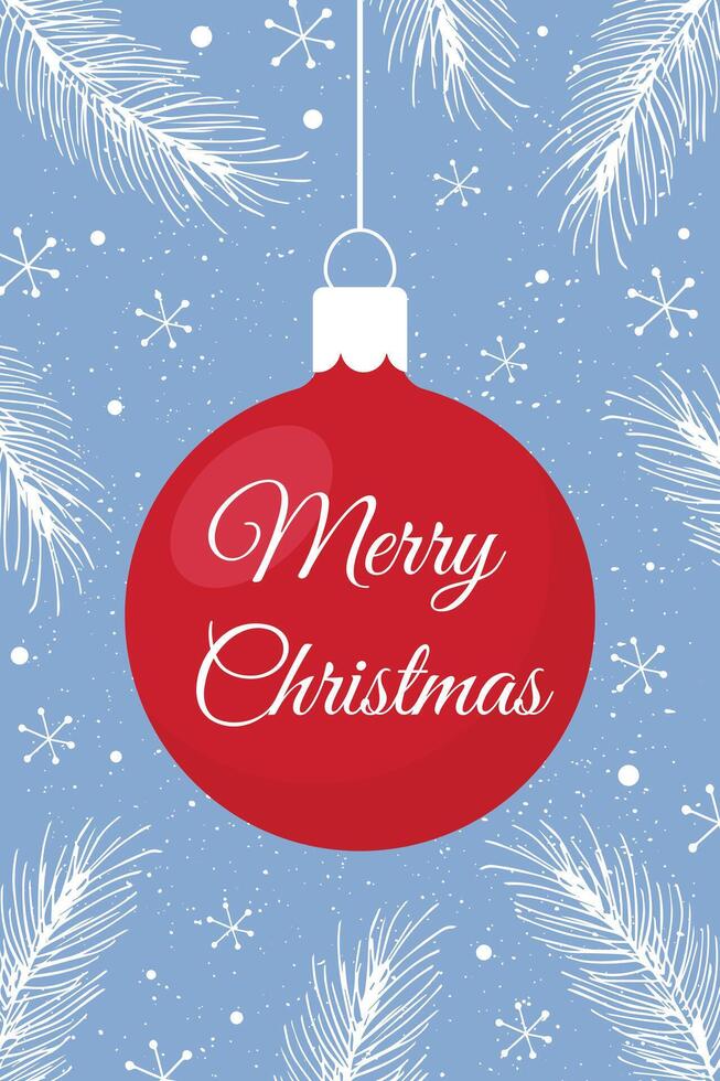 Christmas card with a Christmas tree ball, snow and spruce branches. vector