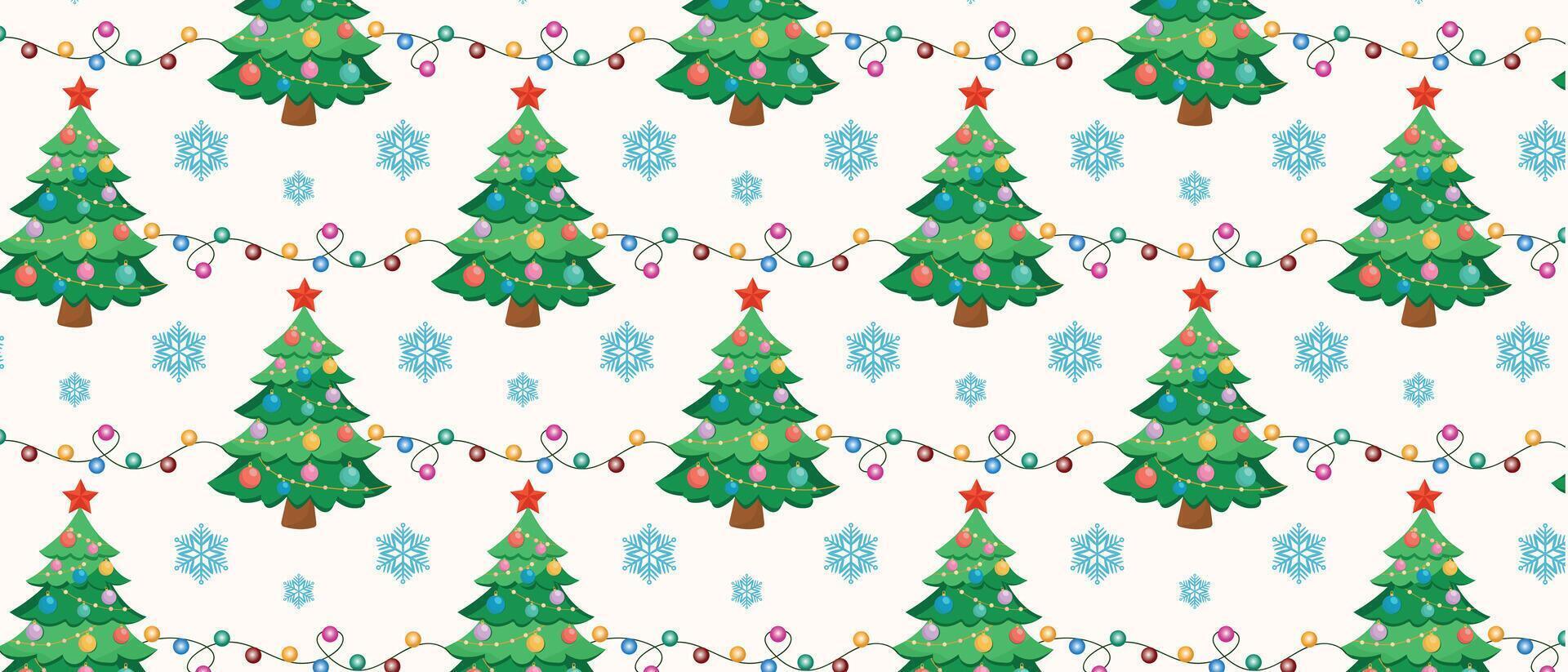 Christmas and New Year seamless pattern with tree, garlands and snowflakes. vector