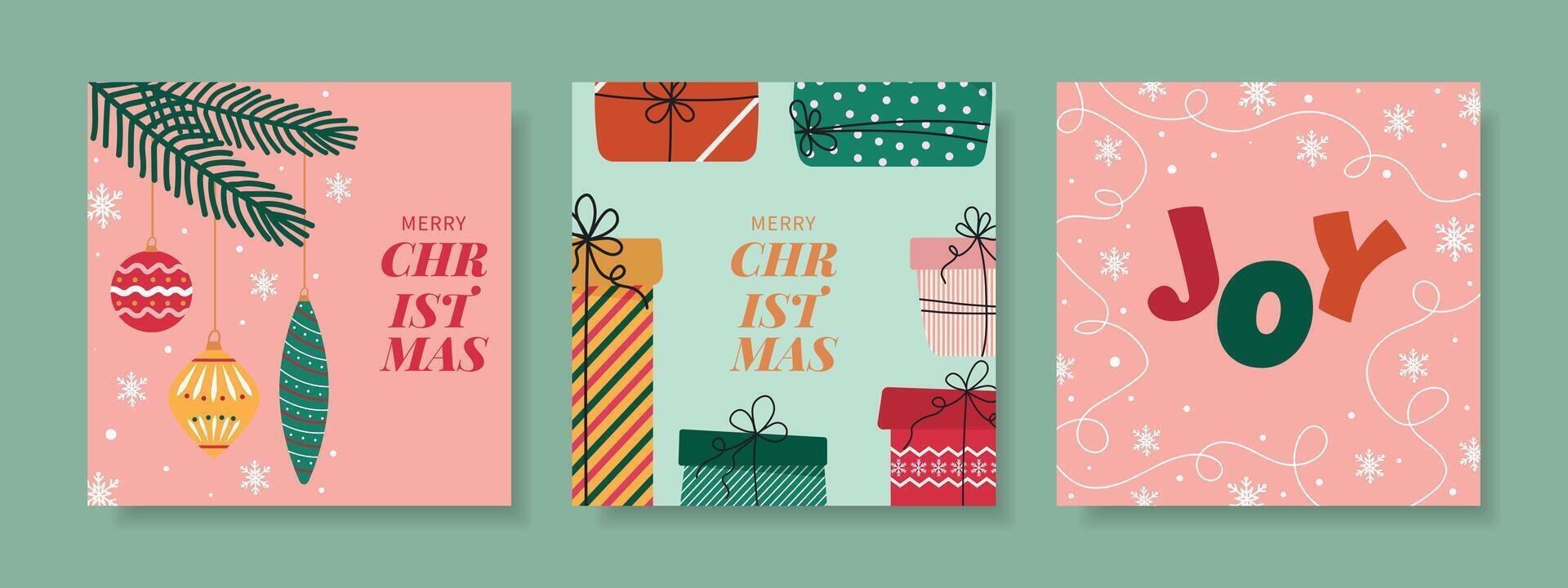 Set of Merry Christmas and Happy New Year greeting cards. Modern Christmas design with typography, tree and balls, gifts. vector