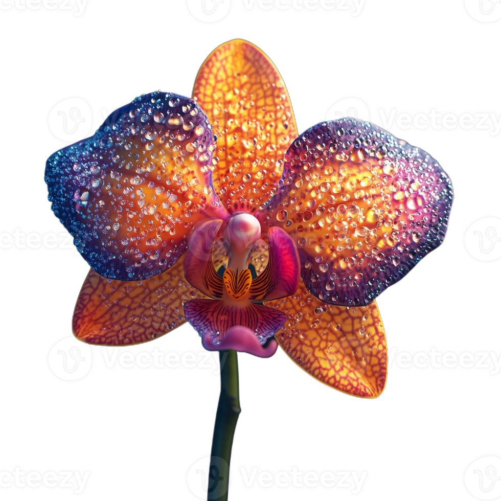 Vibrant orchid flower with dew droplets on transparent background, showcasing intricate patterns and vivid colors, ideal for nature, beauty, and floral themes. png