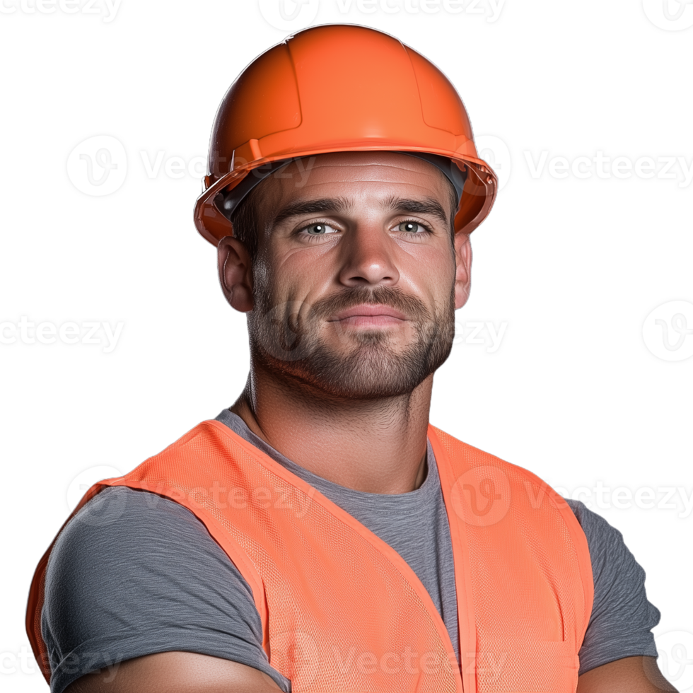 Man in an orange construction vest and hard hat standing confidently on a transparent background png