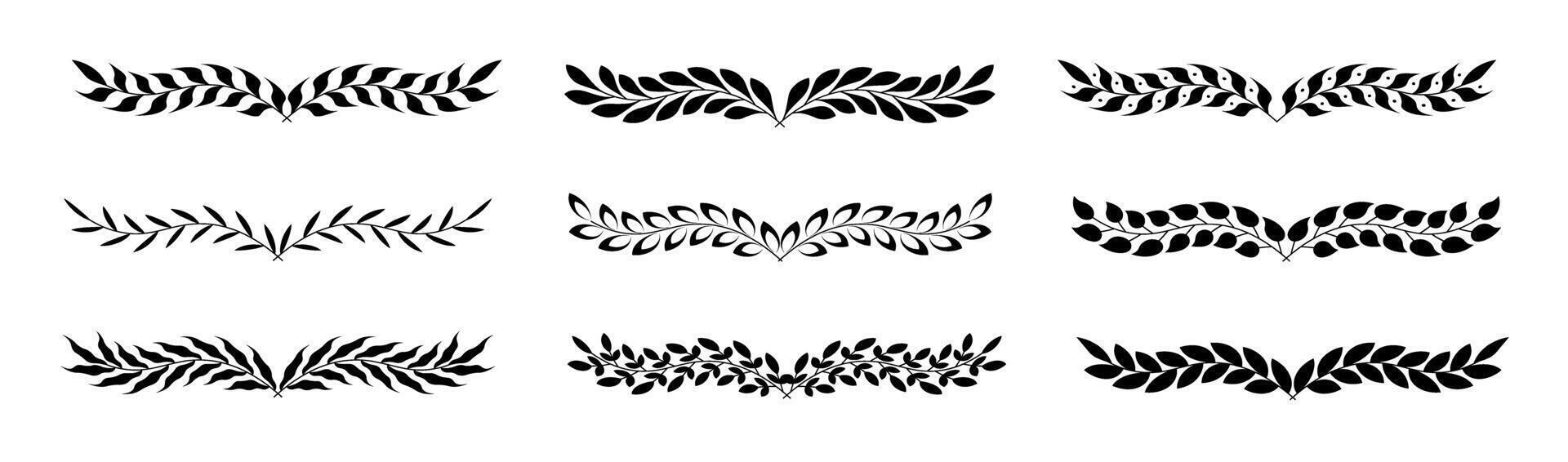 Set of black laurels branches. Flower ornament dividers collection. Vintage laurel wreaths. Hand drawn laurel leaves decorative elements. Leaves, swirls, award, icon. illustration vector