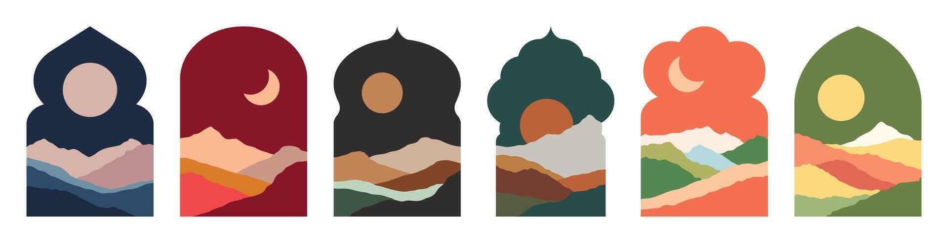 Set of Arabic window with landscapes. Oriental scenes. Ramadan arch doors. Islamic architectural elements with dunes landscapes. Frame with moon, desert and mountains. illustration set vector