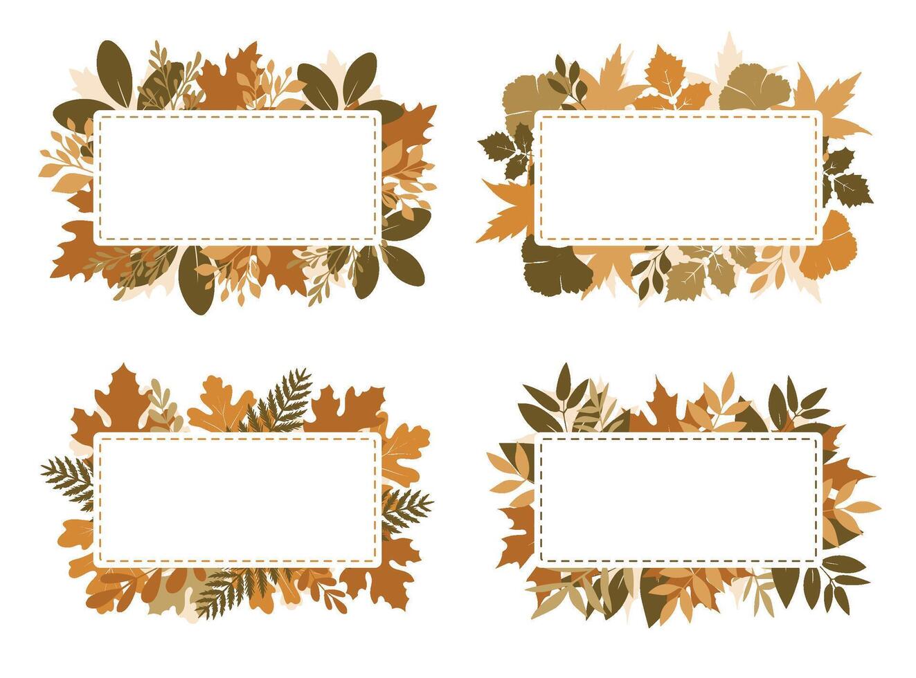 Rectangle empty greeting cards templates with autumn leaves. Collection of fall themed frames with design nature elements featuring leaves. Rustic hand drawn floral wreath in traditional autumn colors vector