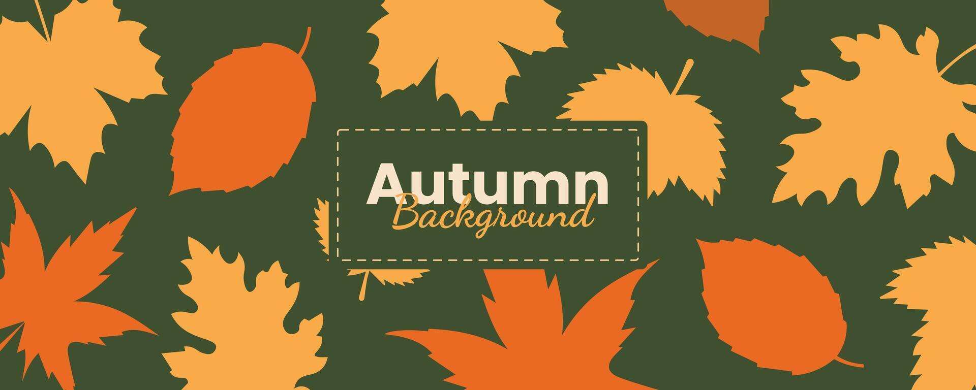 Minimal simple autumn background with fallen dry colorful leaves on green backdrop. Horizontal abstract banner with copy space for text autumn sale bright vibrant banner, poster, cover design template vector