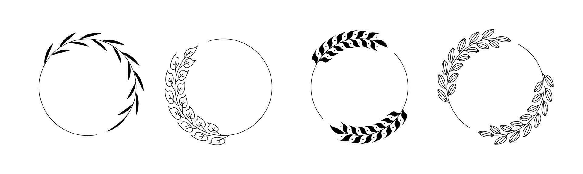 Botanical black circle frame set. Hand drawn round line border, wreaths with branches, leaves for wedding invitation, cards, logo design, social media, posters template. Elegant minimal floral vector