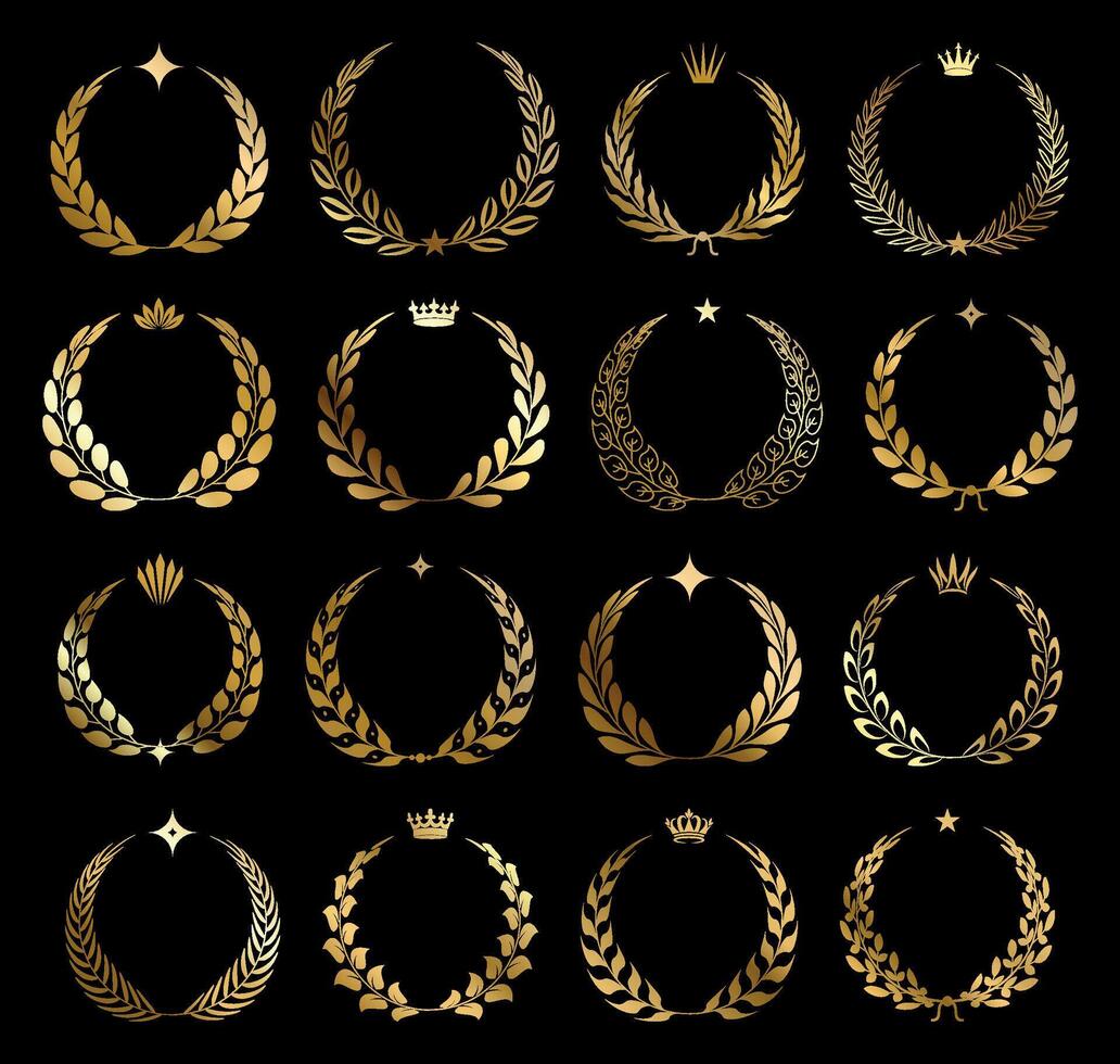 Set of golden laurel wreaths frames with crown and star on black background. Collection of different golden silhouette laurel foliate, olive wreaths award, achievement, heraldry, nobility and game dev vector