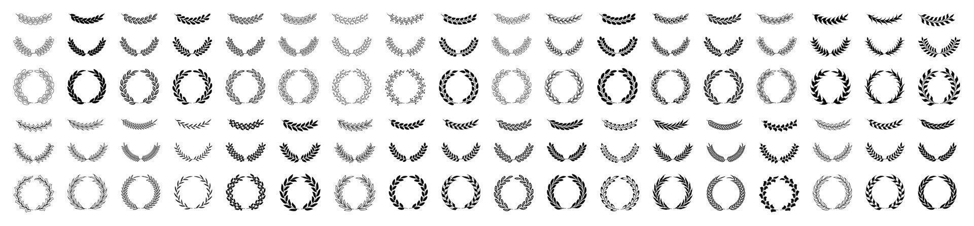 Set of wreaths and branches with leaves. Hand drawing laurel wreaths and branches collection. Laurels wreaths, swirls, twigs and flower ornaments. Herbs, flowers and plants elements. Design elements vector