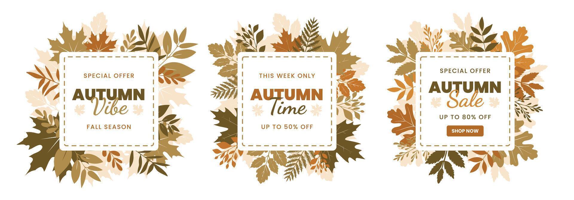 Square greeting cards with sale text and autumn leaves. Collection of fall themed frames with design nature elements featuring leaves. Rustic hand drawn floral wreath in traditional autumn colors vector
