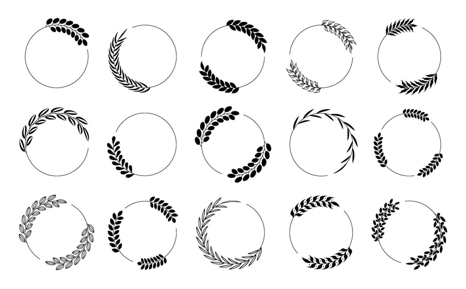 Floral circle frame. Hand drawn elegant botanical round borders, wreaths with branches, leaves in line art and silhouettes. isolated set for wedding invitation, card, logo design, social media vector