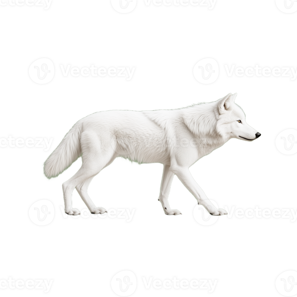 Photo of a white wolf walking forward on a transparent background png