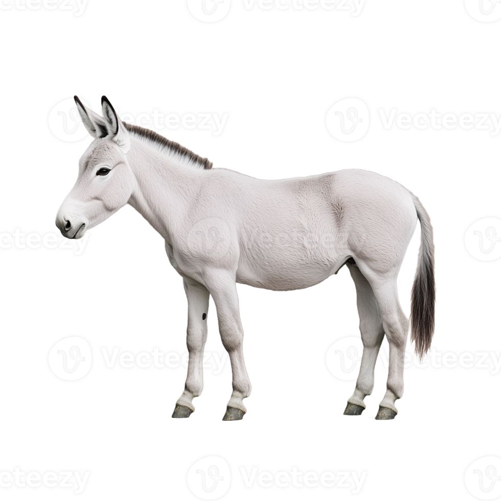 Realistic photo of a white donkey standing and looking forward on a transparent background png